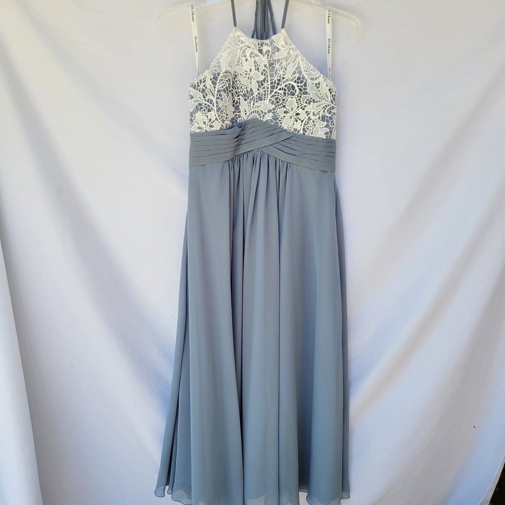 J J House Jr. Bridesmaid Dress A-line Halter Floor-Length Chiffon Lace Dusty Blu - Picture 3 of 8